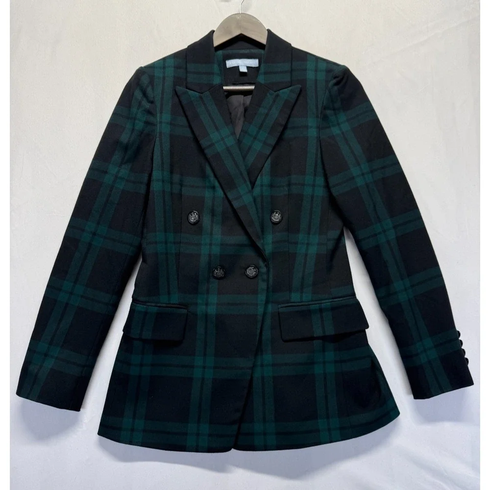 Antonio Melani‎ Blazer Jacket Womens 4 Green Black Plaid Double Breasted Formal